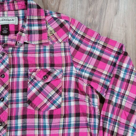 🔺️Bit & Bridle Pink Plaid Flannel Long Sleeve Shirt w/Chest Pockets Medium - Picture 6 of 12